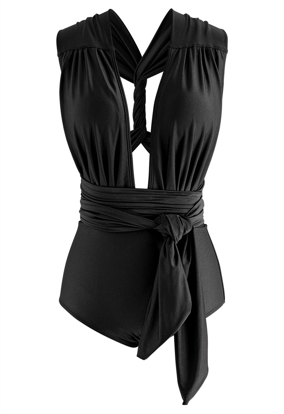 Lace-Up Deep V-Neck One-Piece Swimsuit in Black - Retro, Indie and ...
