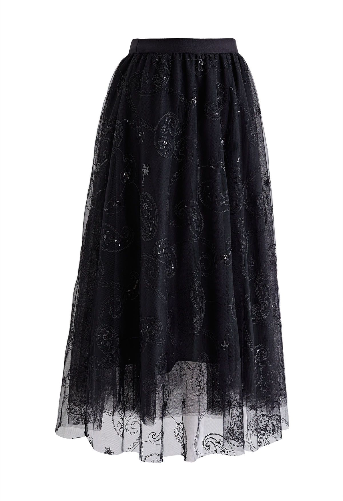Sequined Embroidered Paisley Mesh Midi Skirt in Black