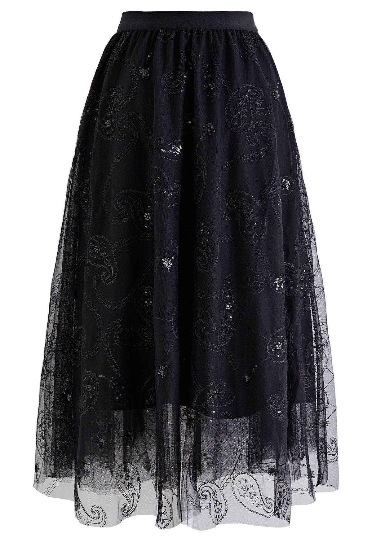 Sequined Embroidered Paisley Mesh Midi Skirt in Black