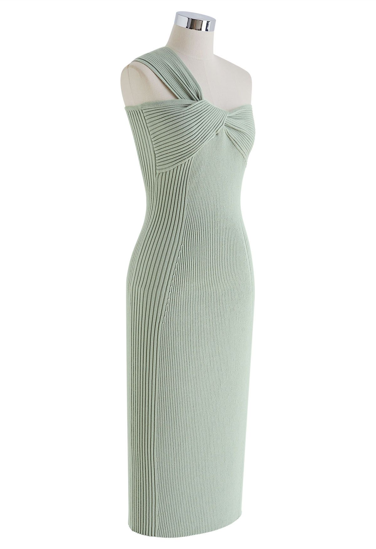 One-Shoulder Knotted Bodycon Knit Dress in Pea Green