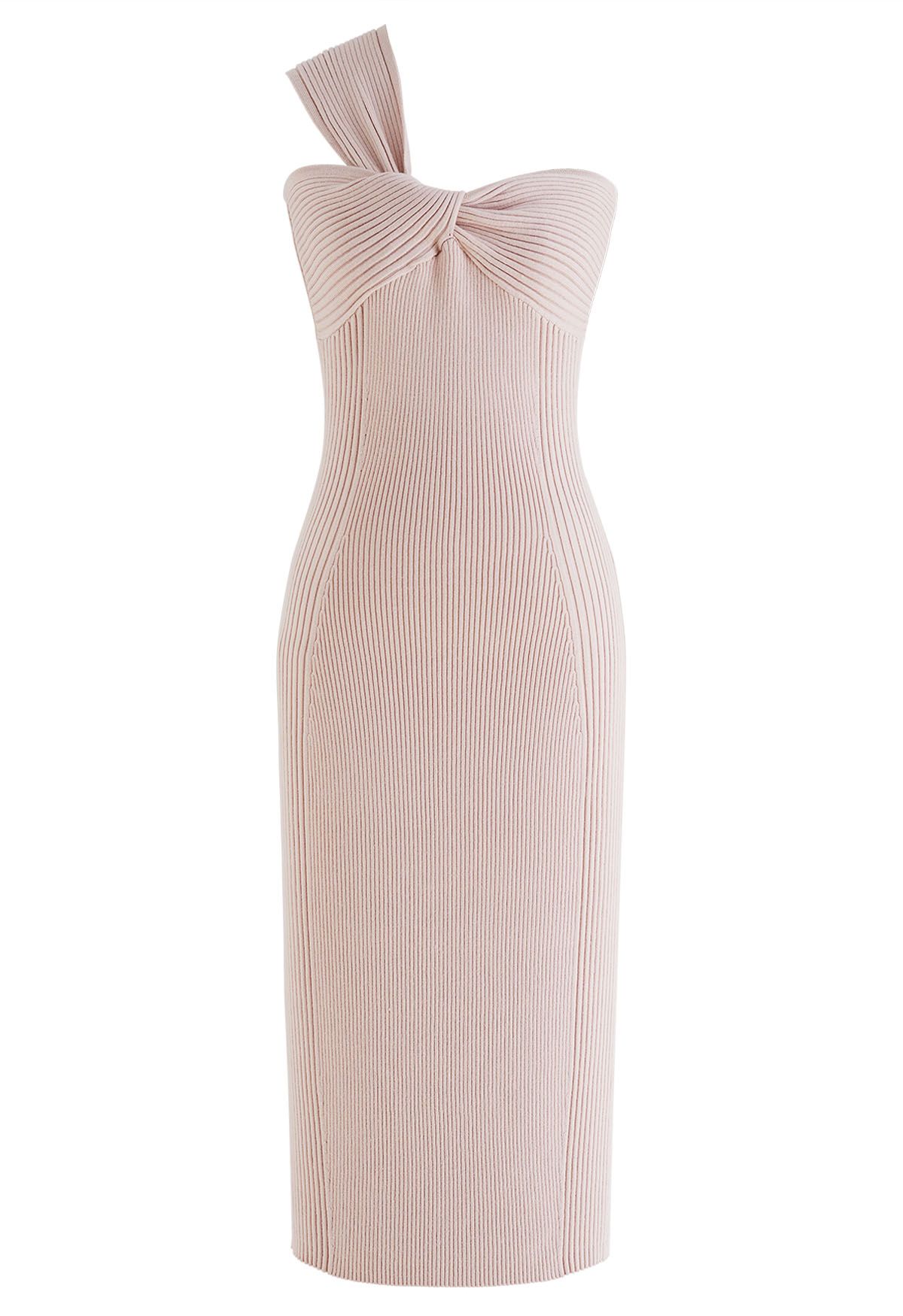 One-Shoulder Knotted Bodycon Knit Dress in Pink