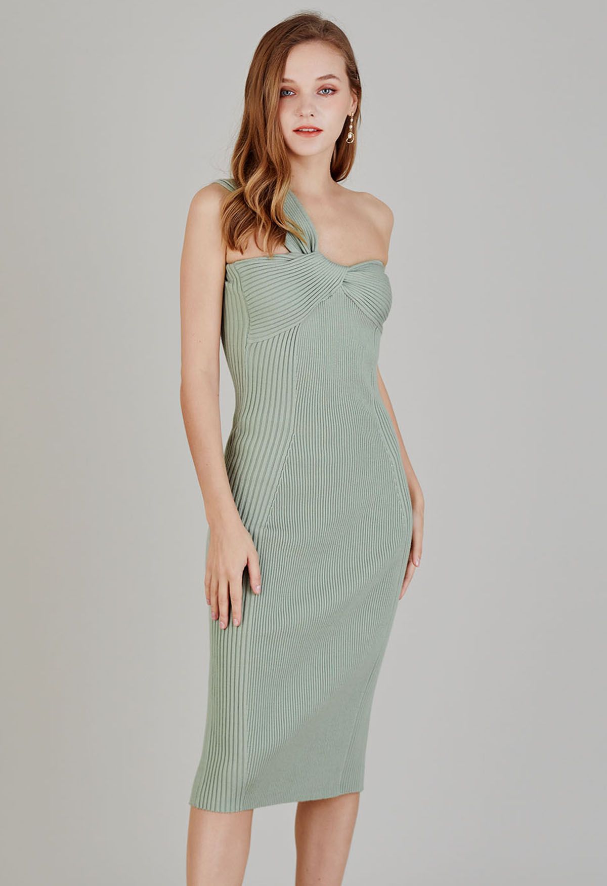 One-Shoulder Knotted Bodycon Knit Dress in Pea Green