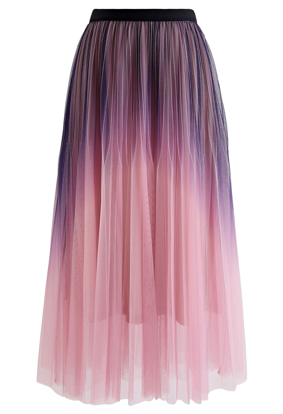 Shimmer Gradient Pleated Mesh Midi Skirt