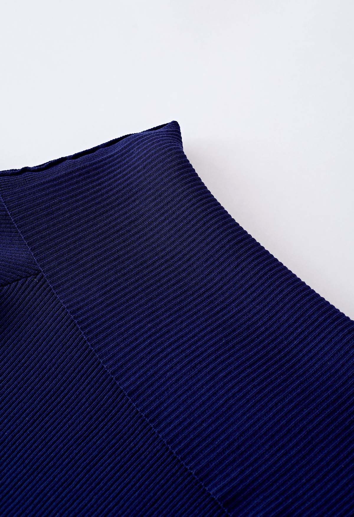 Folded Off-Shoulder Short-Sleeve Knit Top in Navy