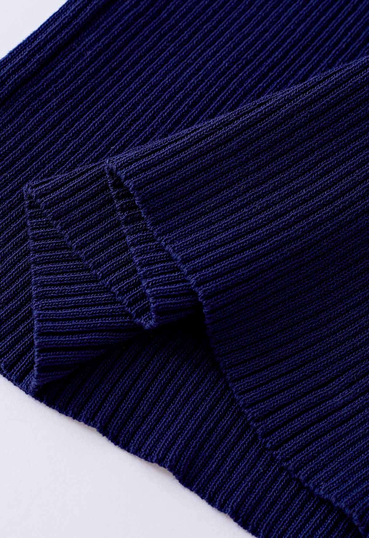 Folded Off-Shoulder Short-Sleeve Knit Top in Navy