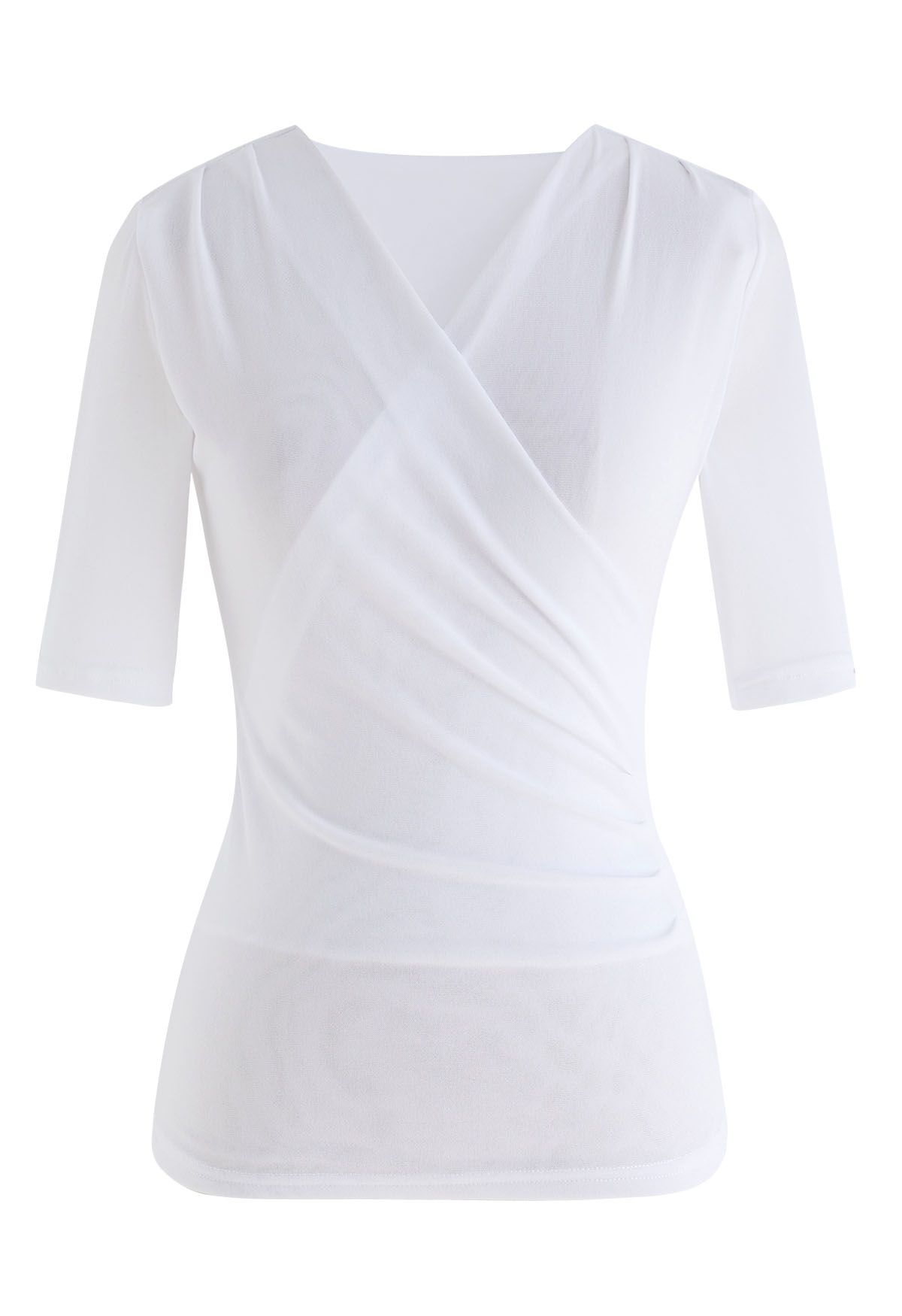 Faux Wrap Soft Mesh Elbow Sleeve Top in White