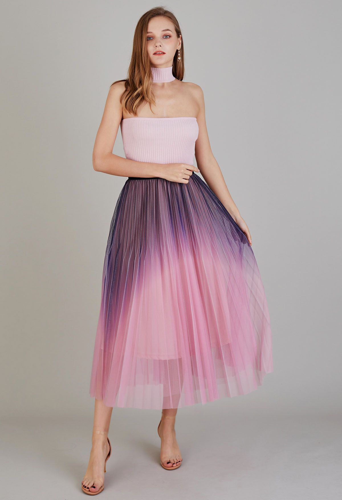Shimmer Gradient Pleated Mesh Maxi Skirt