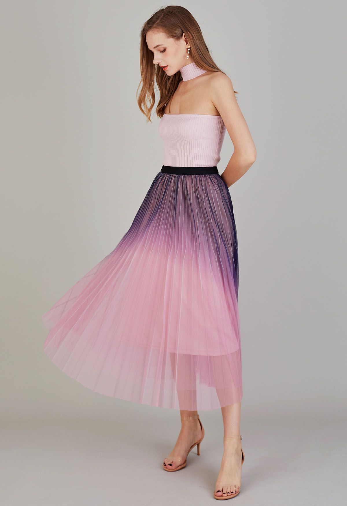 Shimmer Gradient Pleated Mesh Midi Skirt