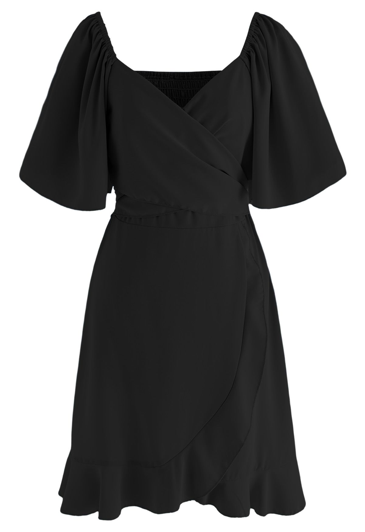Cross Ribbon Flutter Sleeves Ruffle Dress in Black