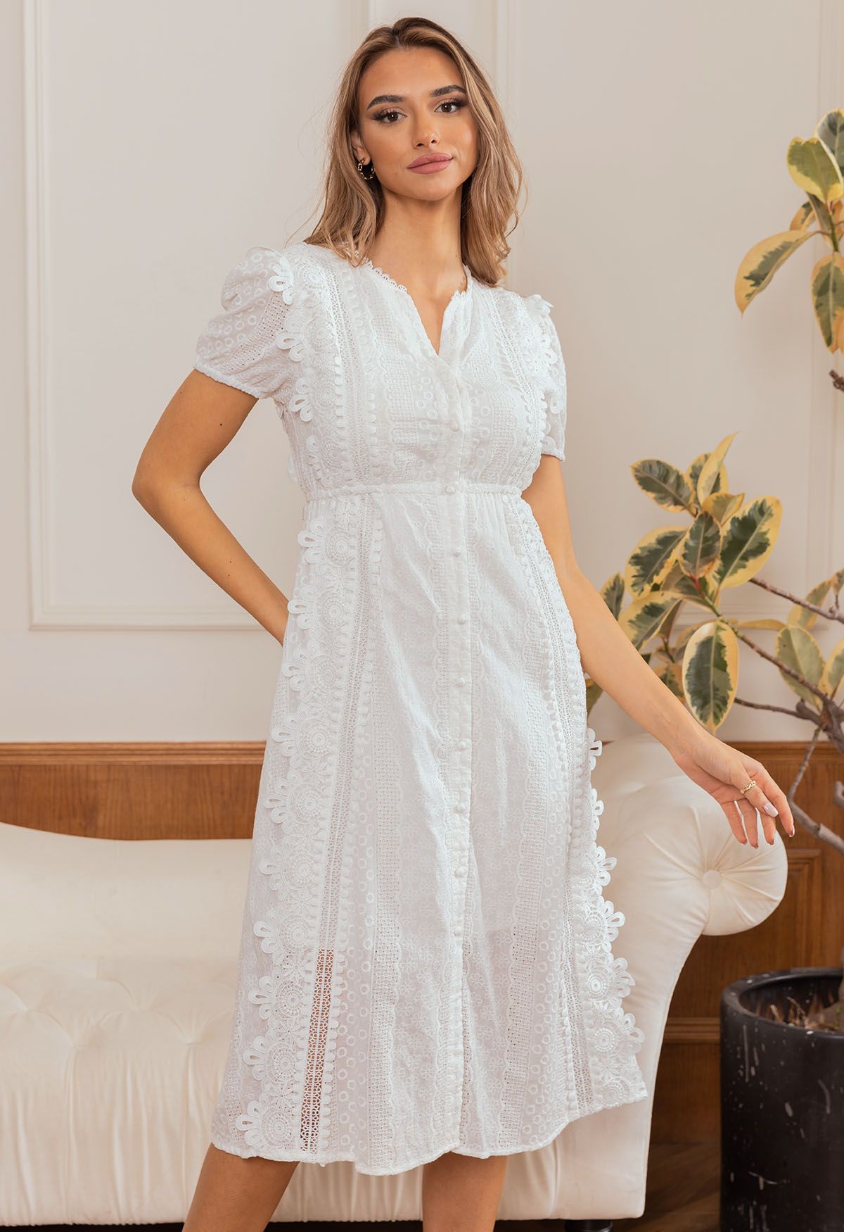Eyelet Embroidered Cutwork Lace Trim Button Down Dress