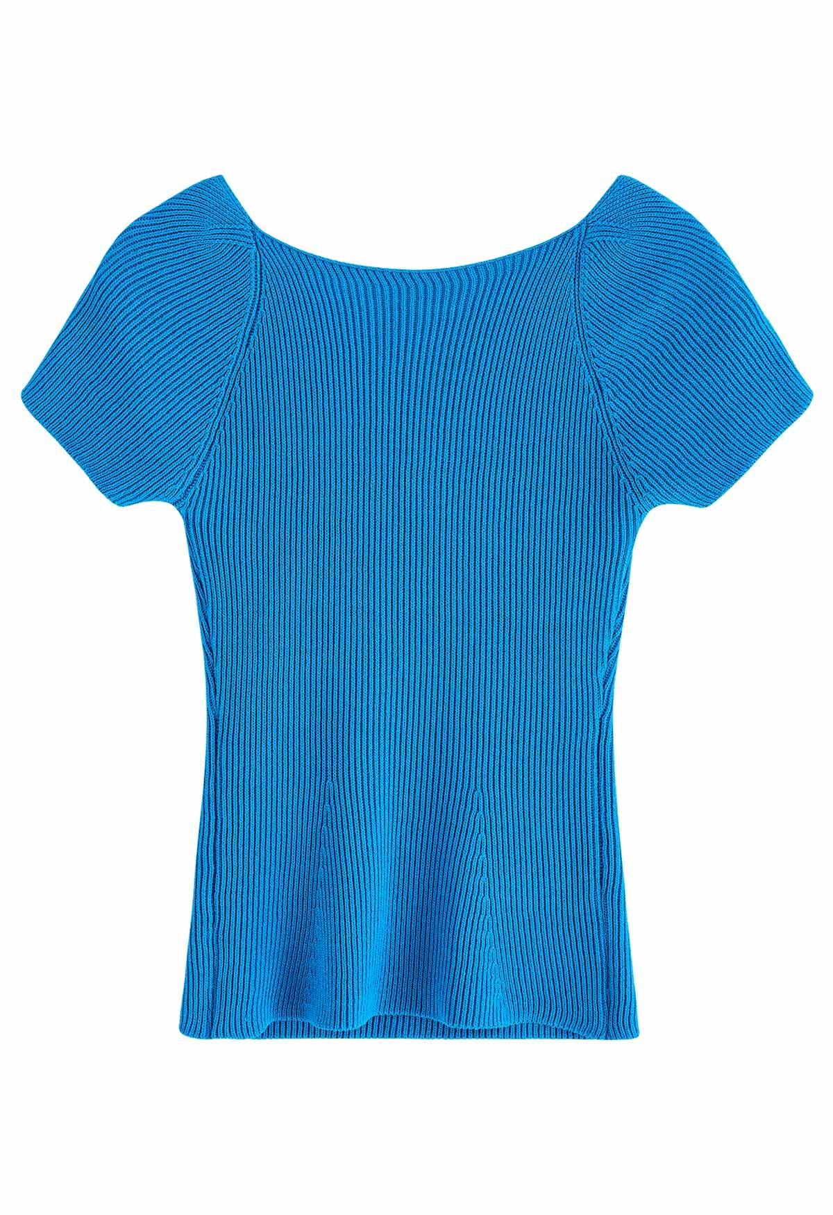 U-Shape Wide Collar Fitted Knit Top in Blue