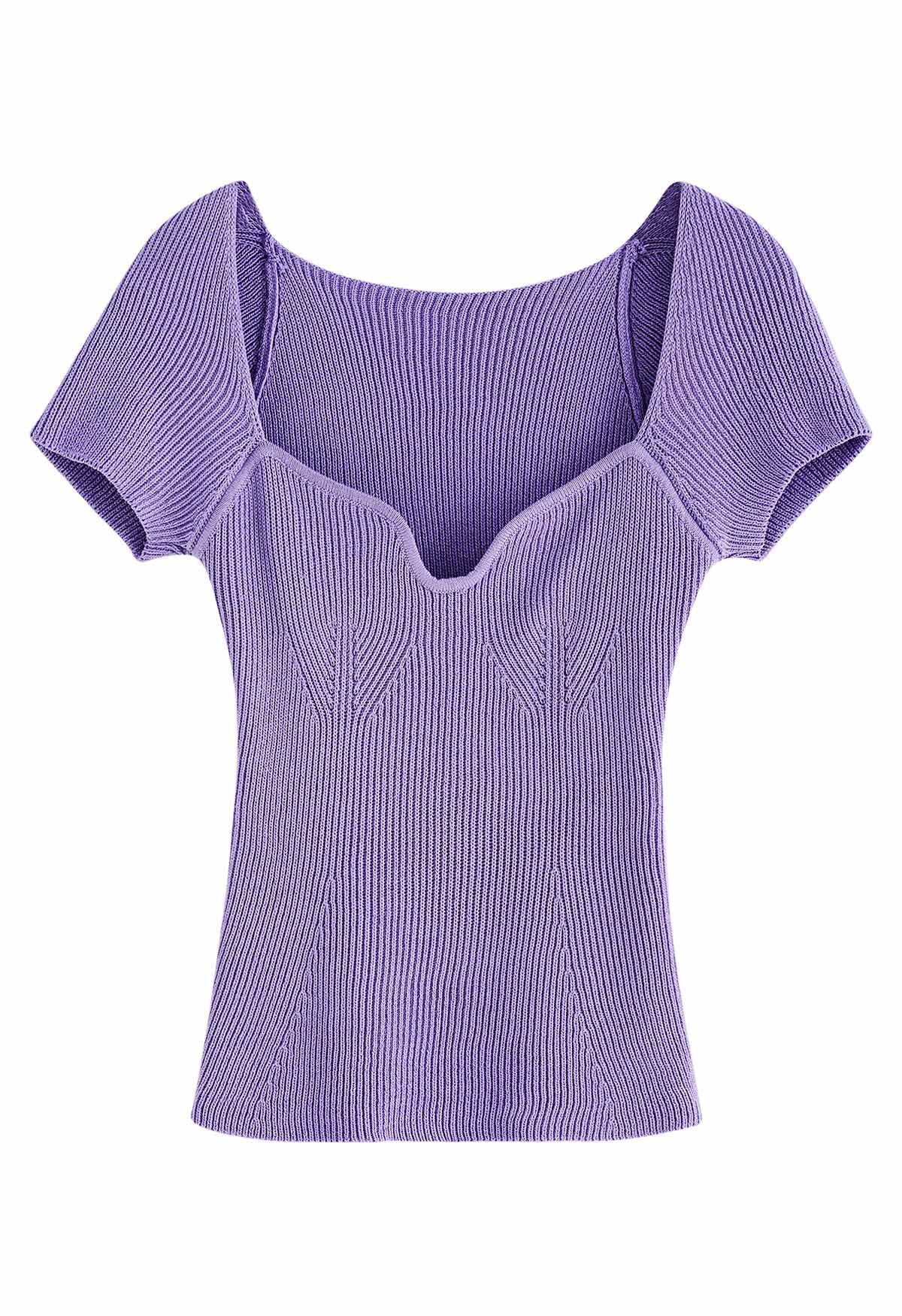 U-Shape Wide Collar Fitted Knit Top in Lilac