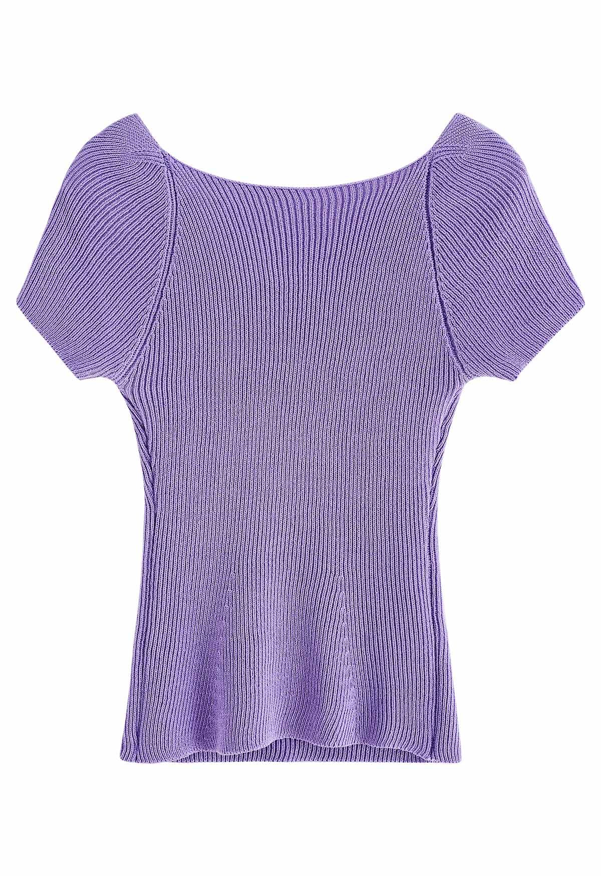 U-Shape Wide Collar Fitted Knit Top in Lilac