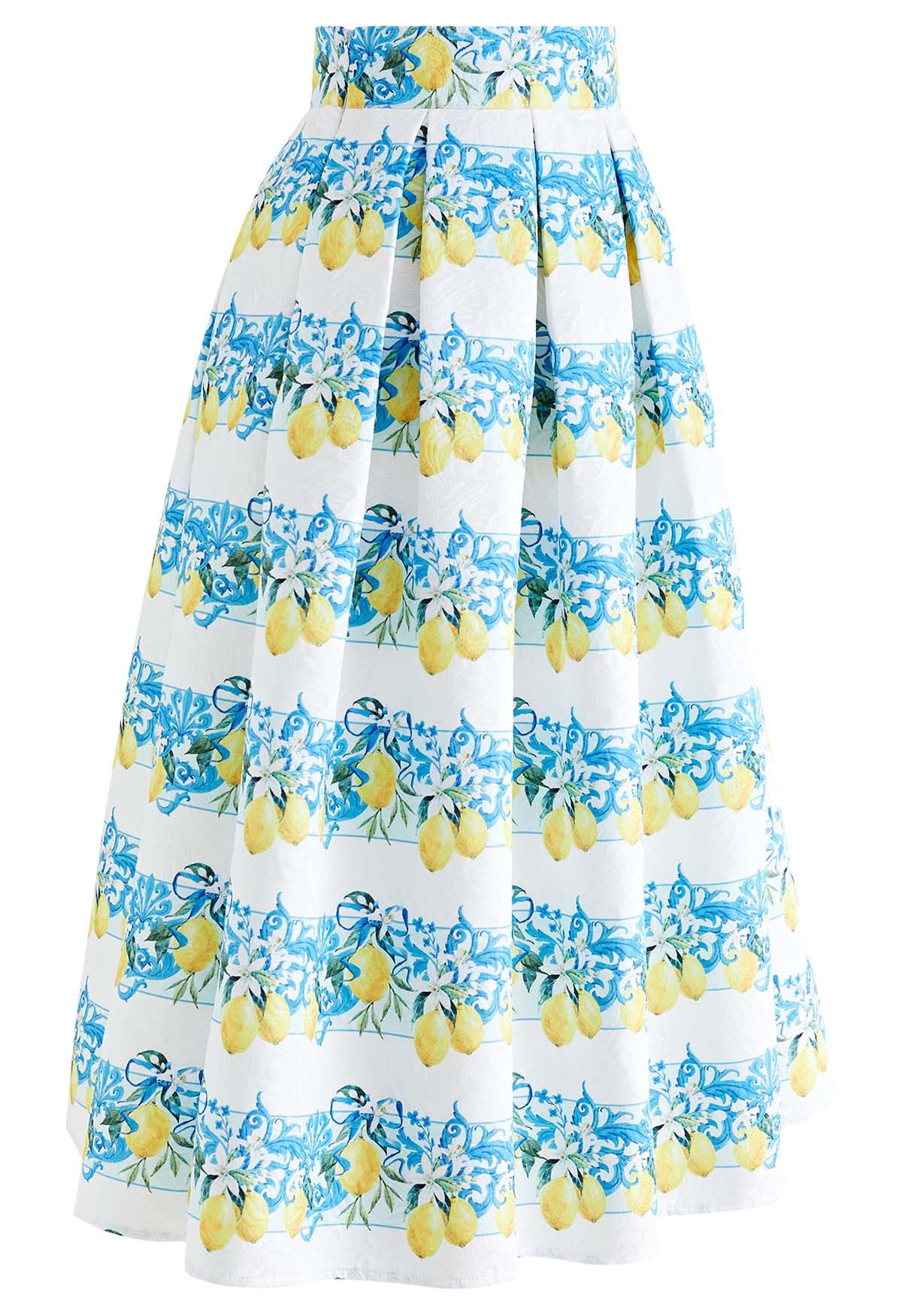 Sicilian Style Watercolor Lemon Printed Pleated Midi Skirt