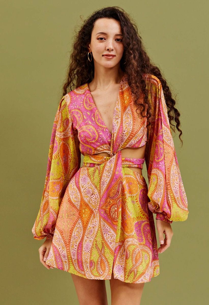 Twisted Cutout Waist Paisley Chiffon Dress - Retro, Indie and Unique ...