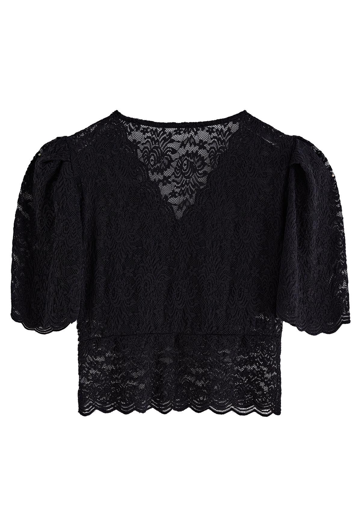 Full Lace Scalloped Trim Crop Top in Black