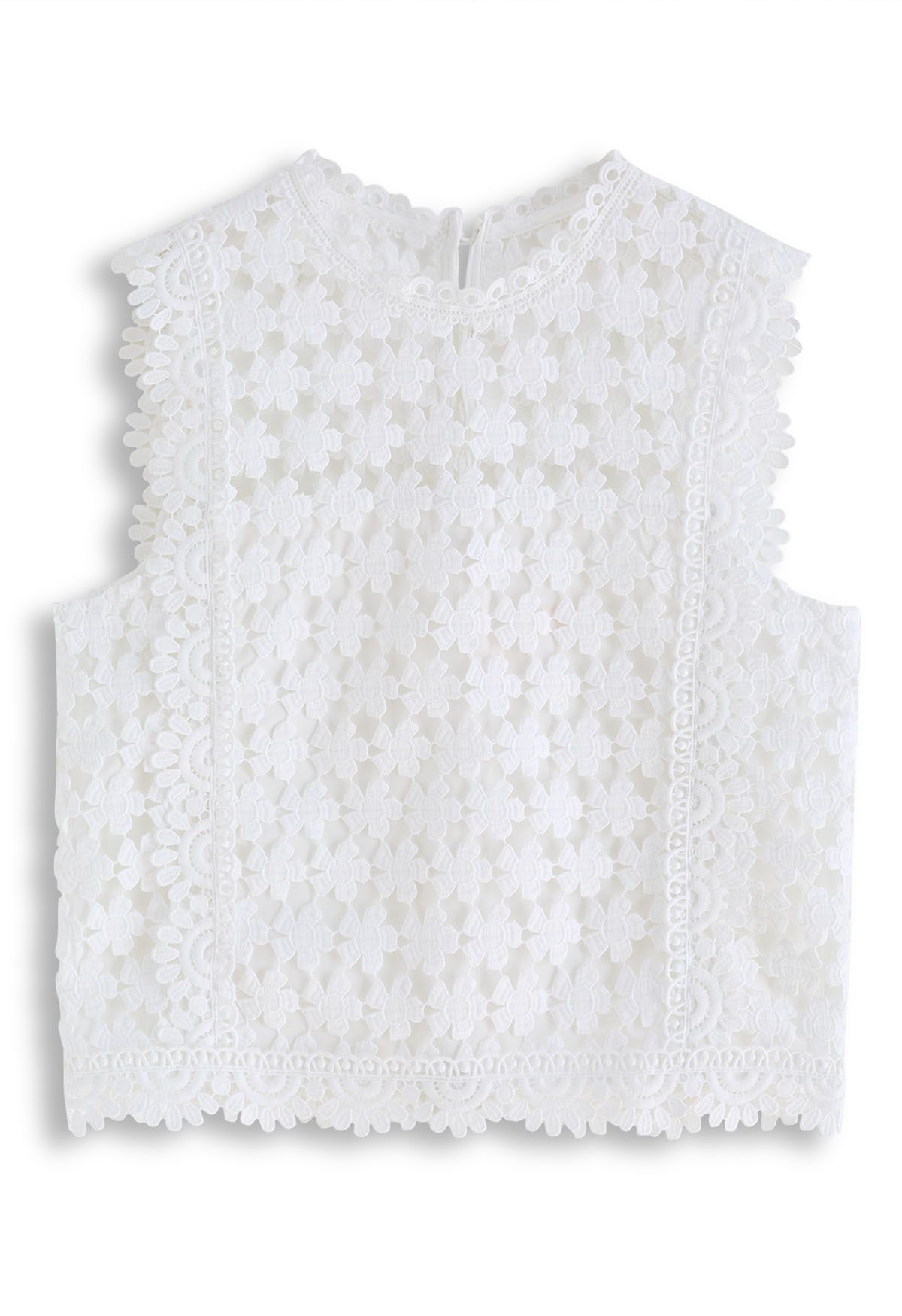 Scalloped Trim Allover Cutwork Lace Sleeveless Top in White