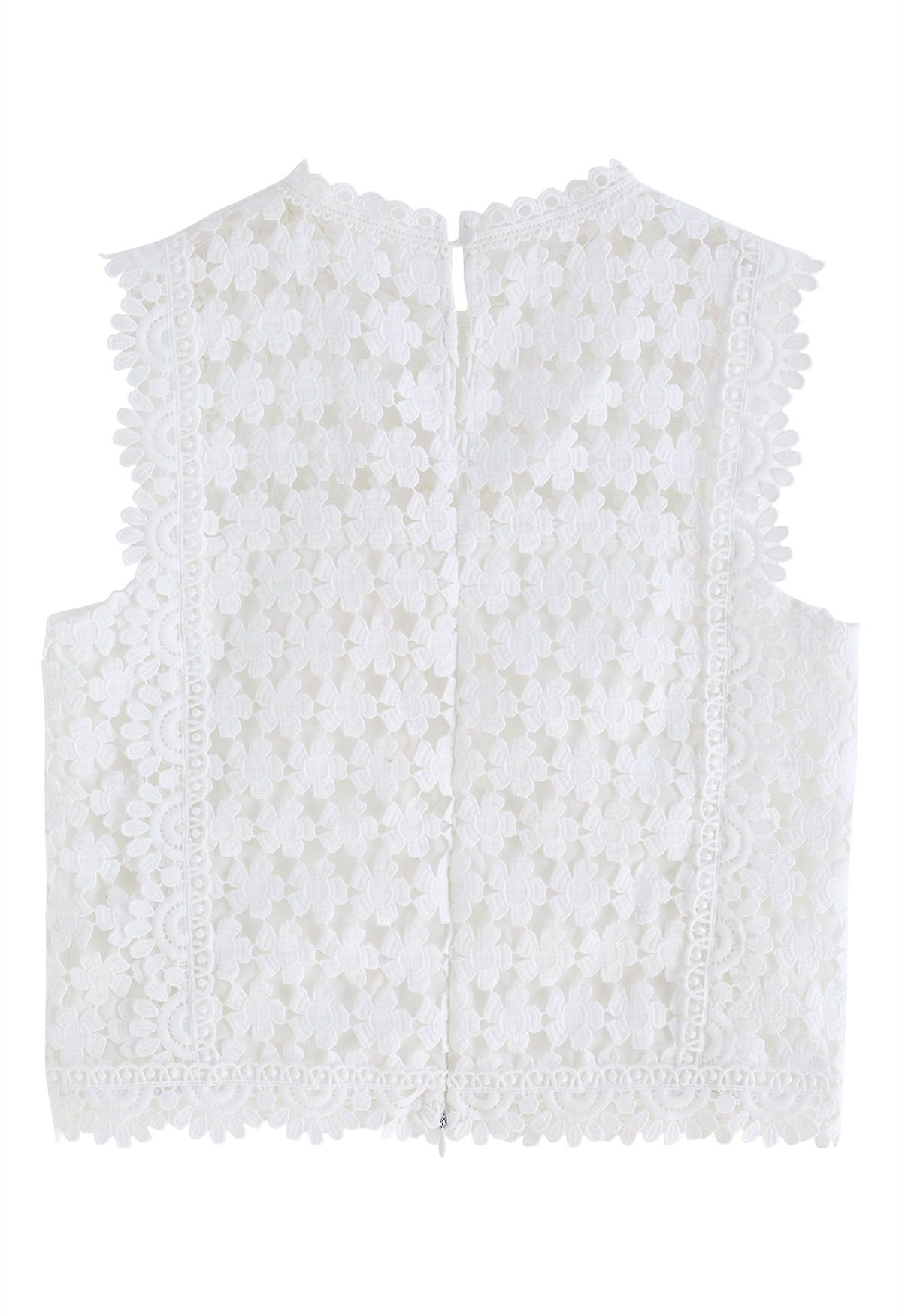 Scalloped Trim Allover Cutwork Lace Sleeveless Top in White