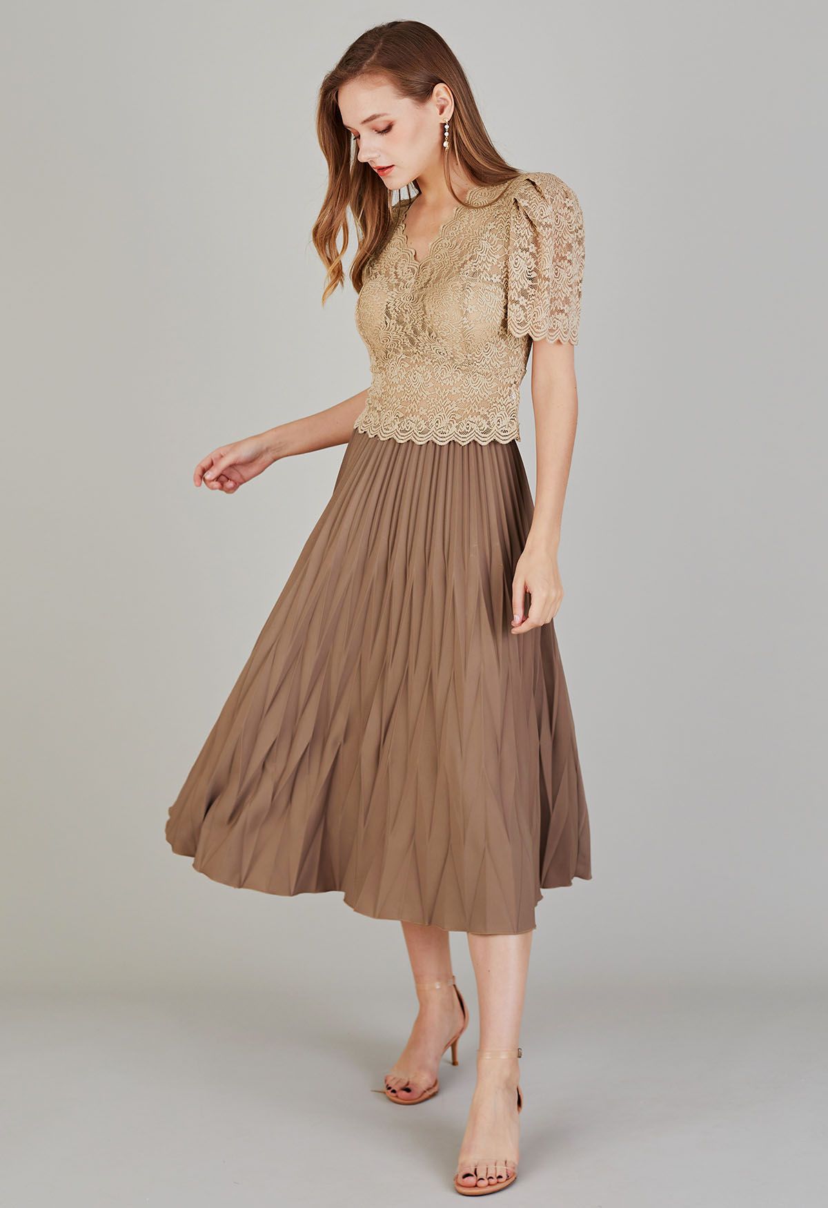 Irregular Pleated Midi Skirt in Brown