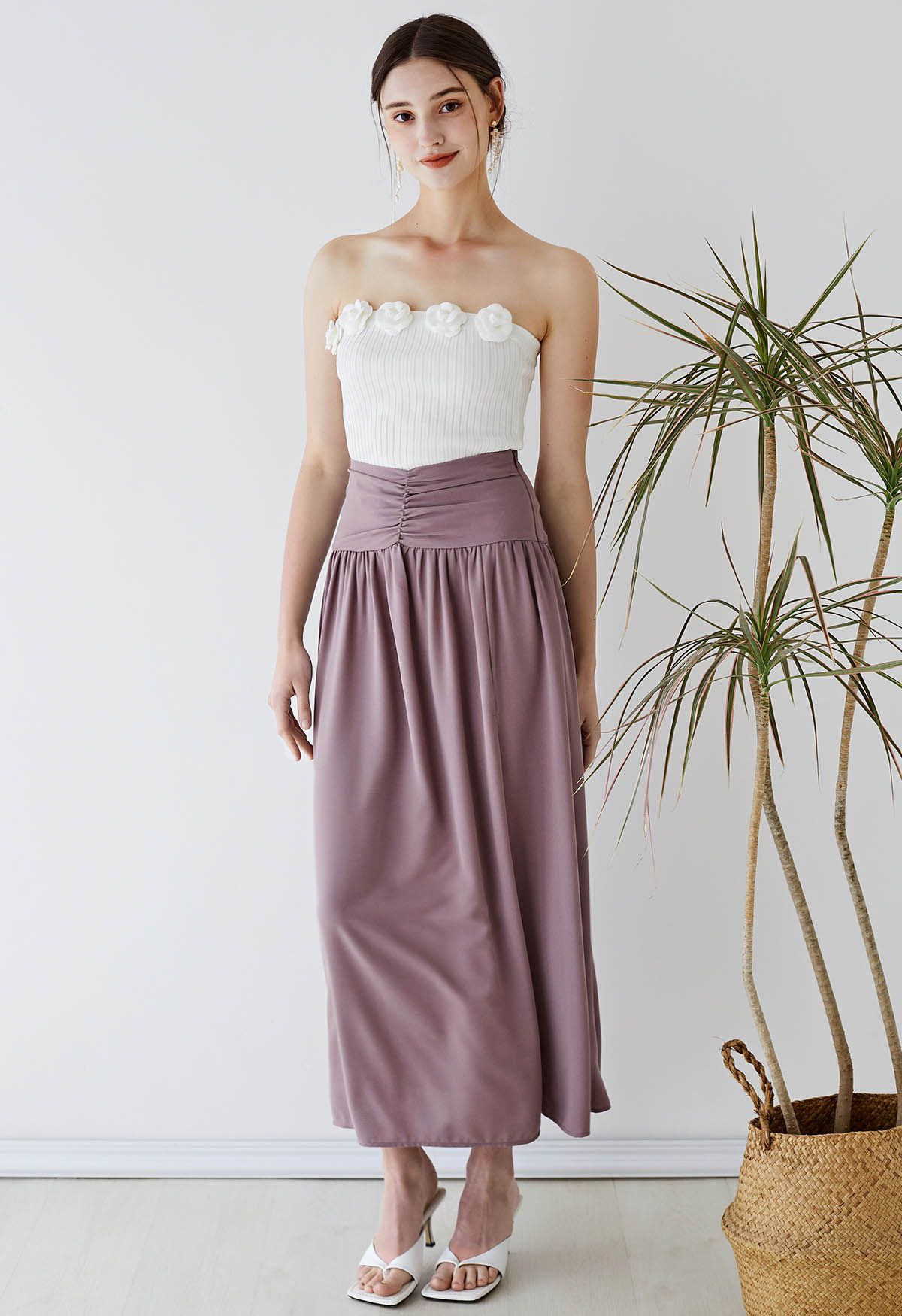 Ruched Waist Slit Maxi Skirt in Lilac