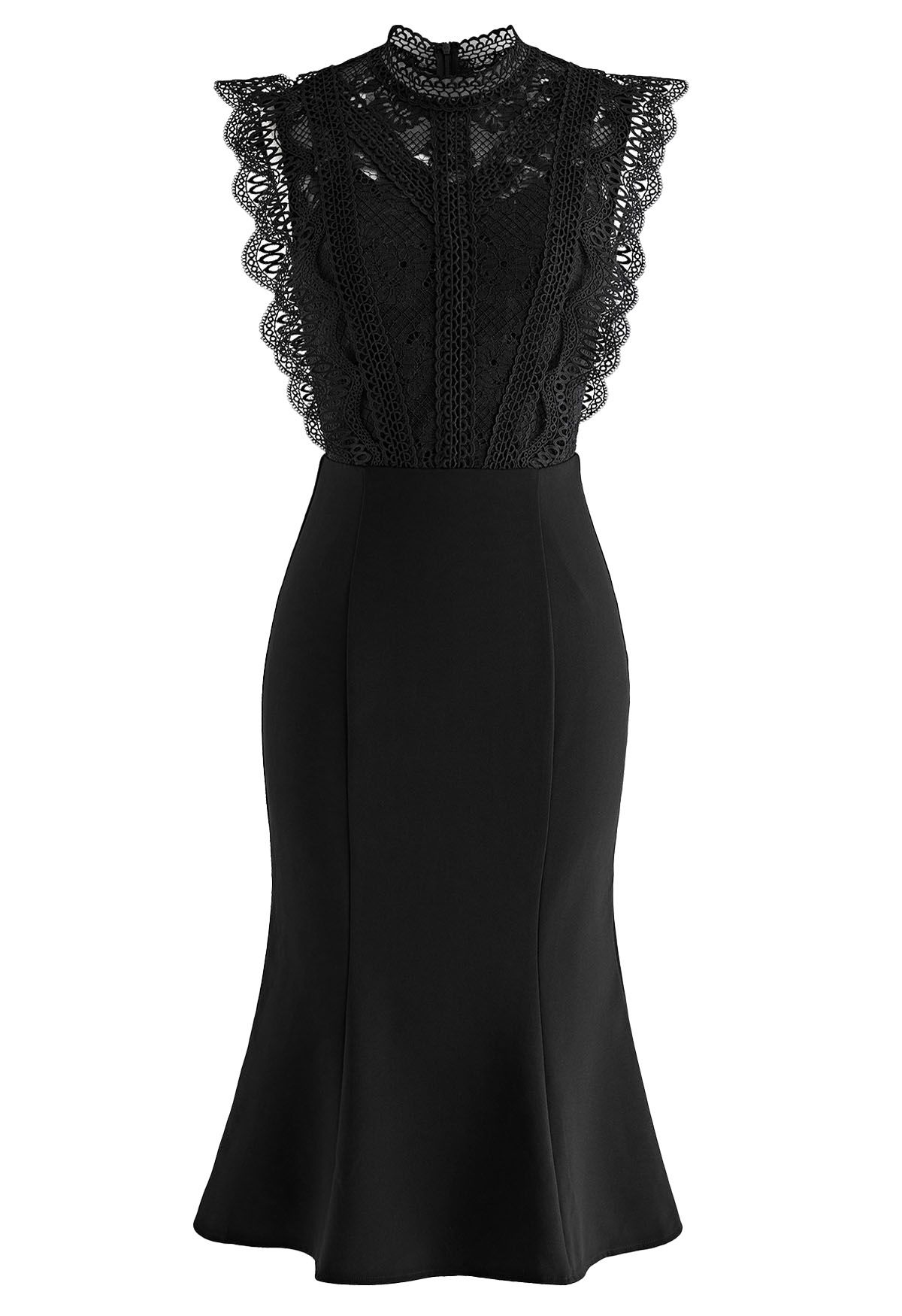 Crochet Lace Spliced Sleeveless Mermaid Dress in Black