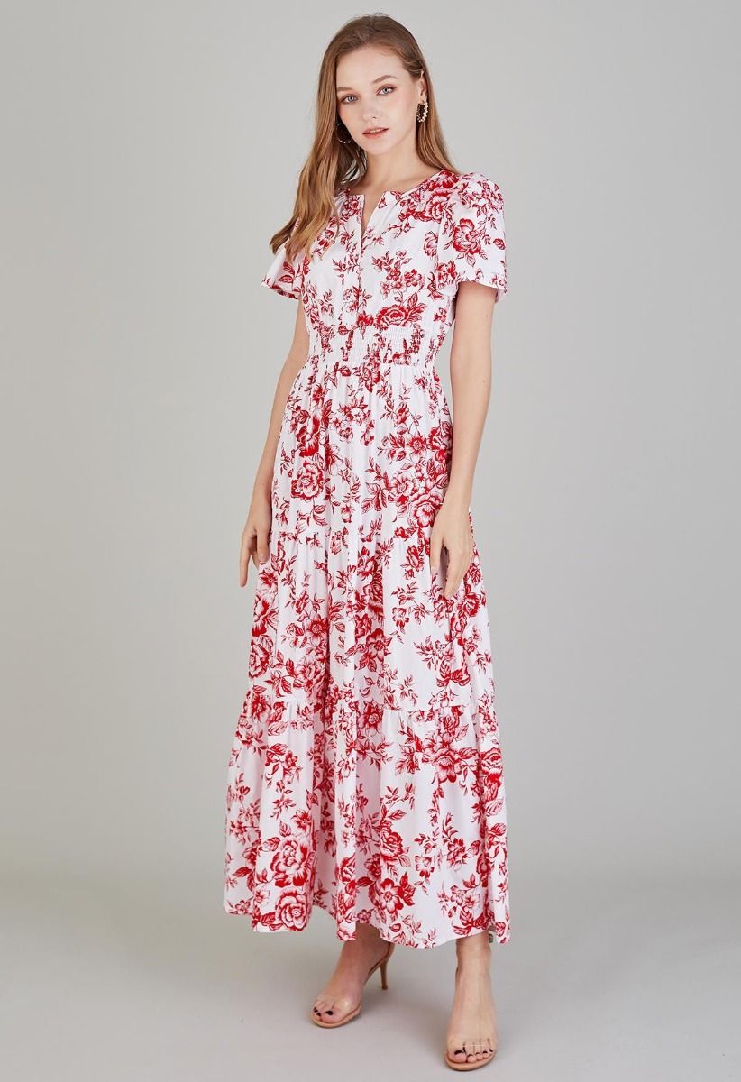 Ebullient Red Flower Printed Maxi Dress