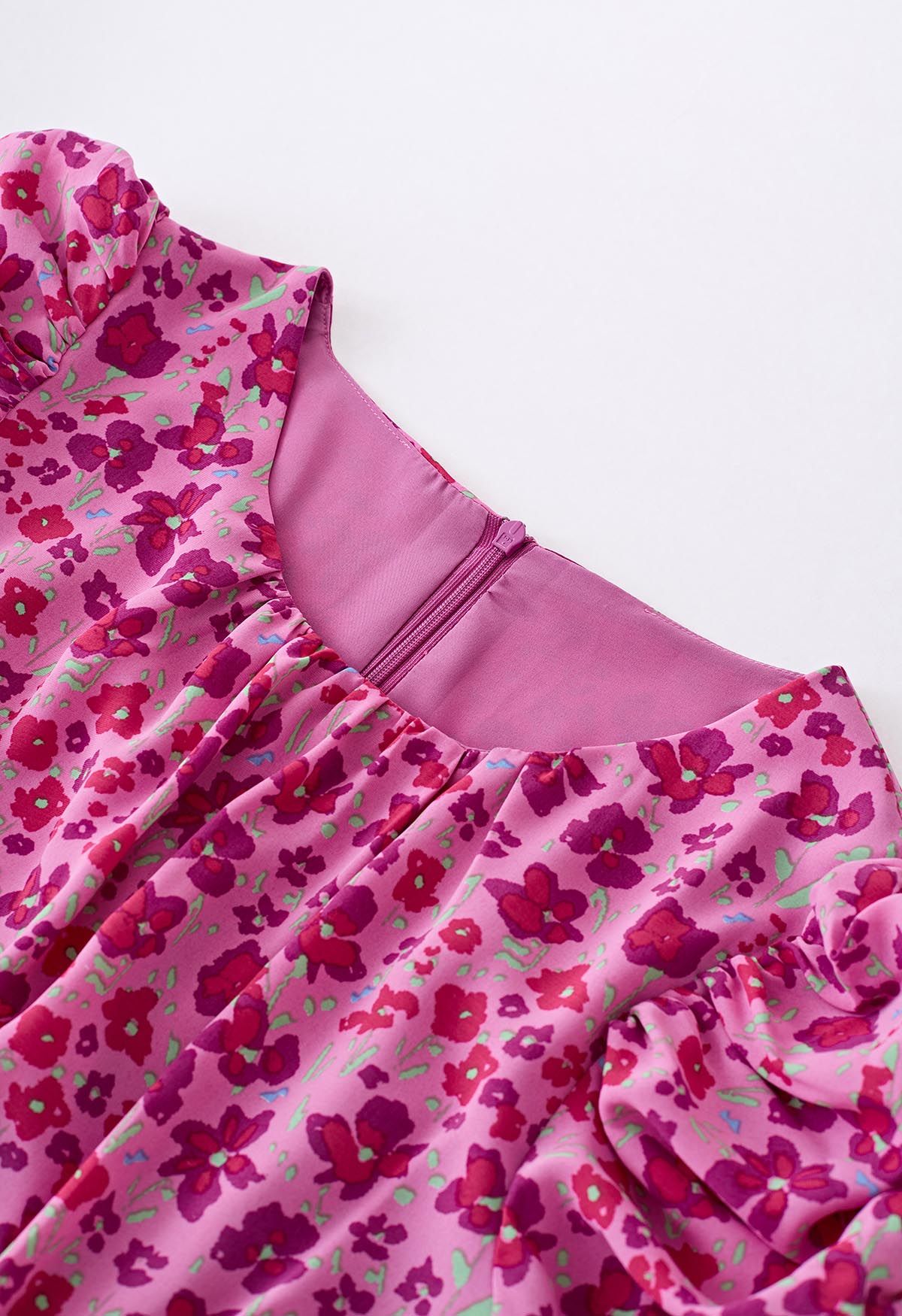 Red Flower Print Asymmetric Ruffle Midi Dress in Pink
