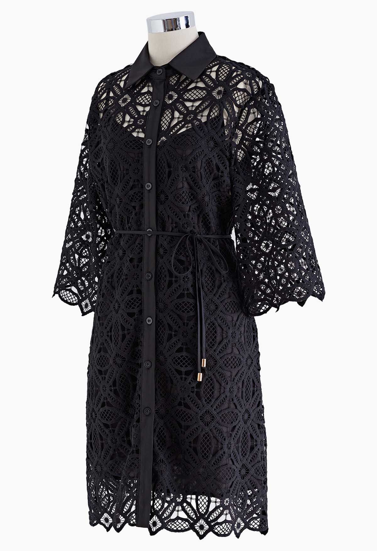 Delicate Cutwork Lace Button Down Dress in Black