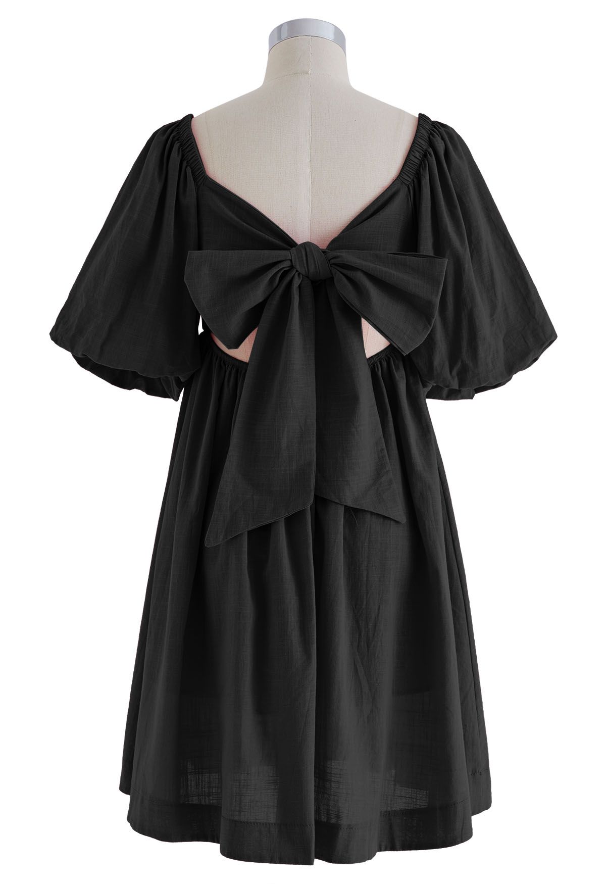 Square Neck Puff Sleeves Tie-Back Dress in Black