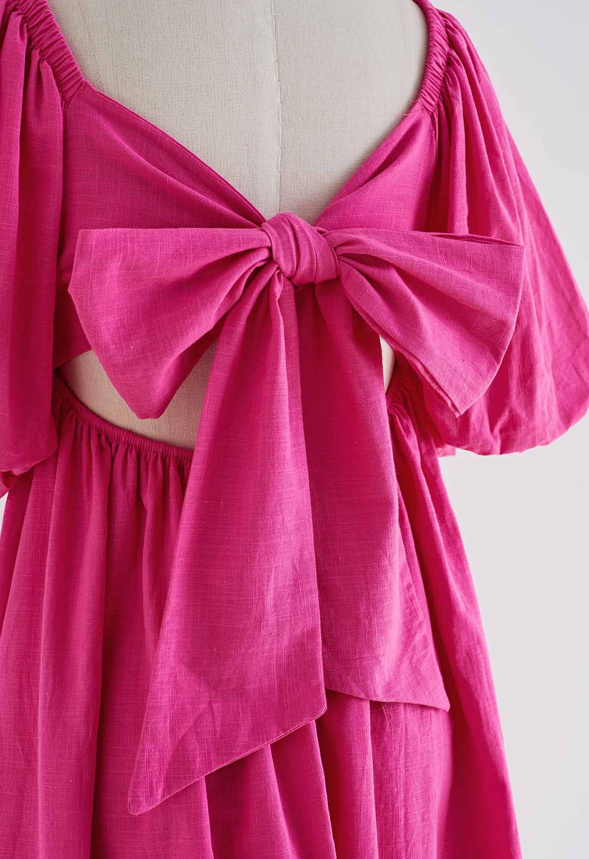 Square Neck Puff Sleeves Tie-Back Dress in Hot Pink