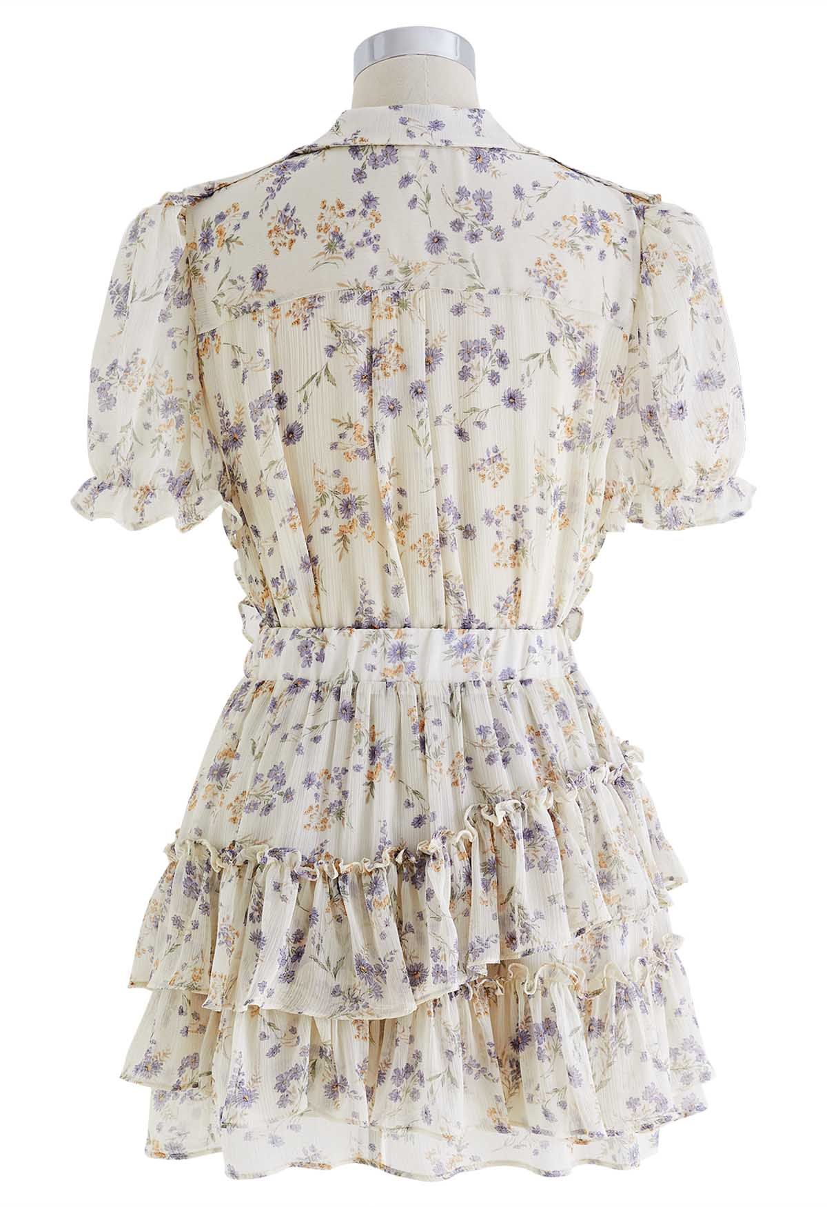 Ruffle Chiffon Top and Tiered Mini Skorts Set in Cream Floral