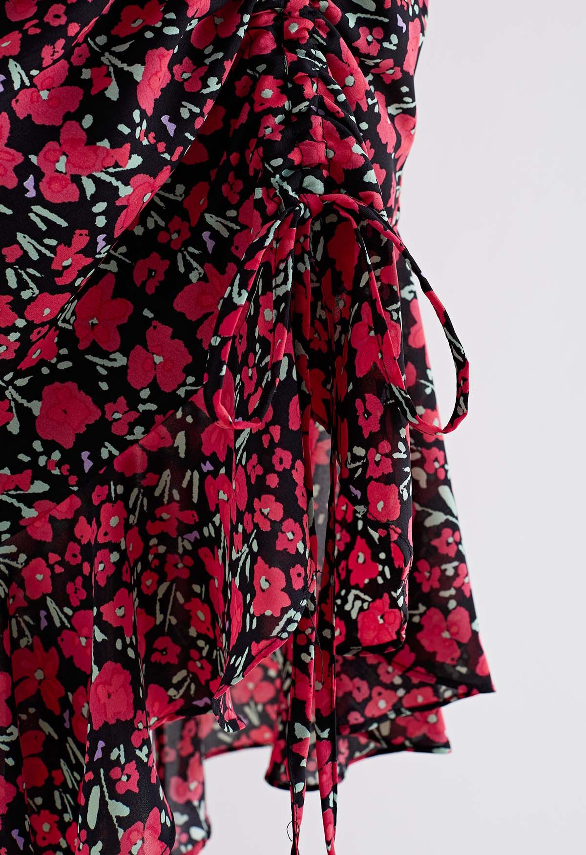 Red Flower Print Asymmetric Ruffle Midi Dress in Black