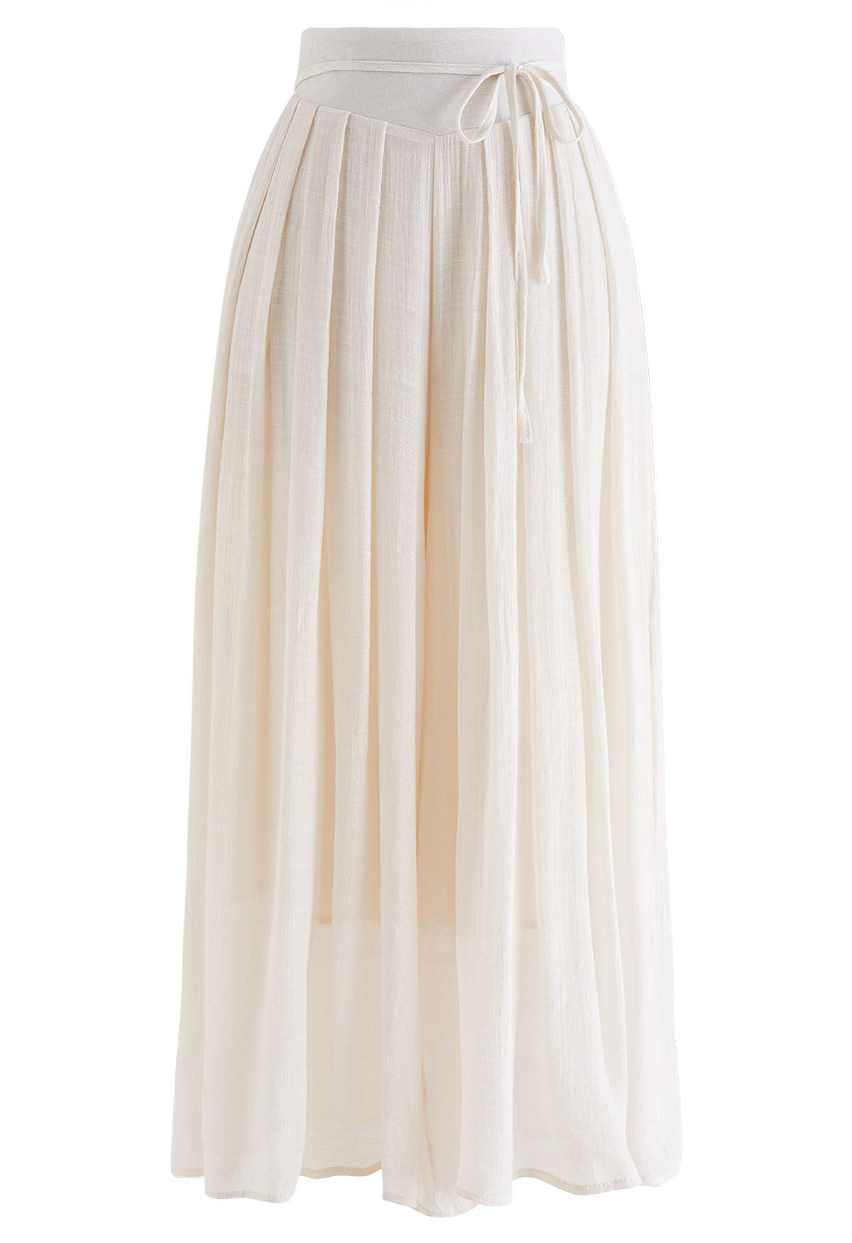 Tie Waist Pleated Wide-Leg Pants in Ivory