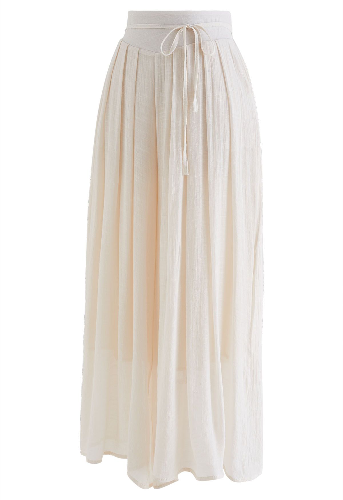 Tie Waist Pleated Wide-Leg Pants in Ivory