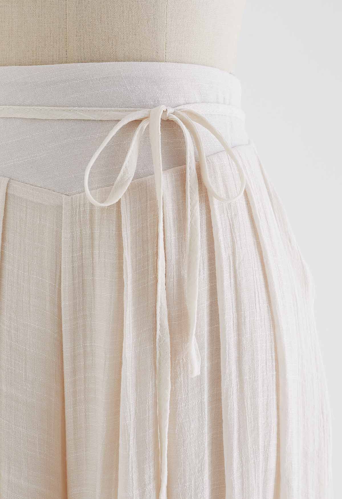 Tie Waist Pleated Wide-Leg Pants in Ivory