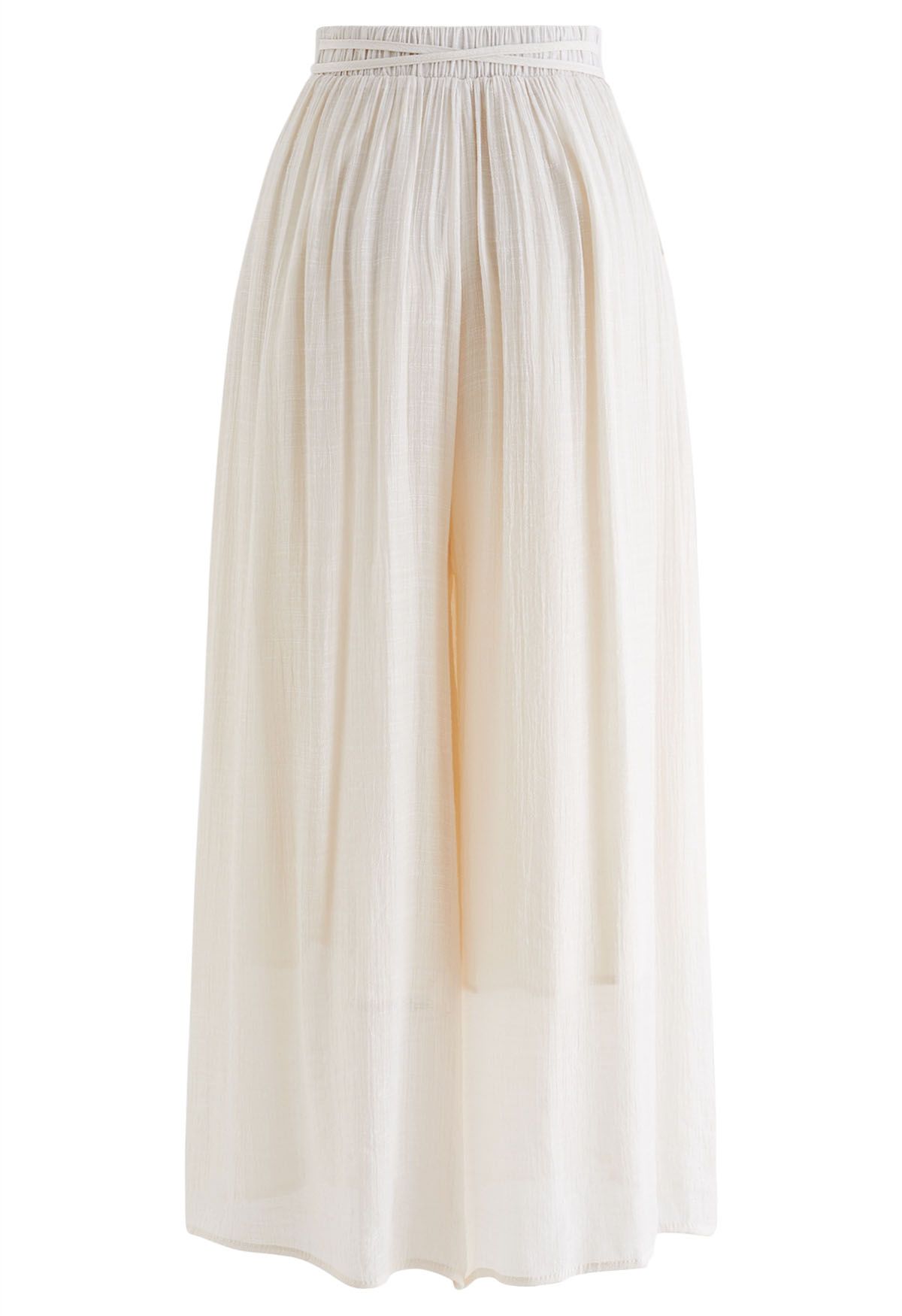 Tie Waist Pleated Wide-Leg Pants in Ivory