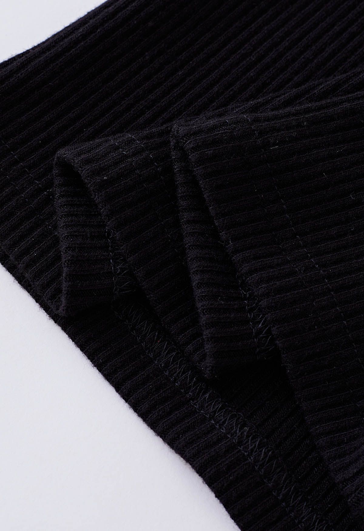 Short Sleeve Detachable Bowknot Spliced Knit Top in Black