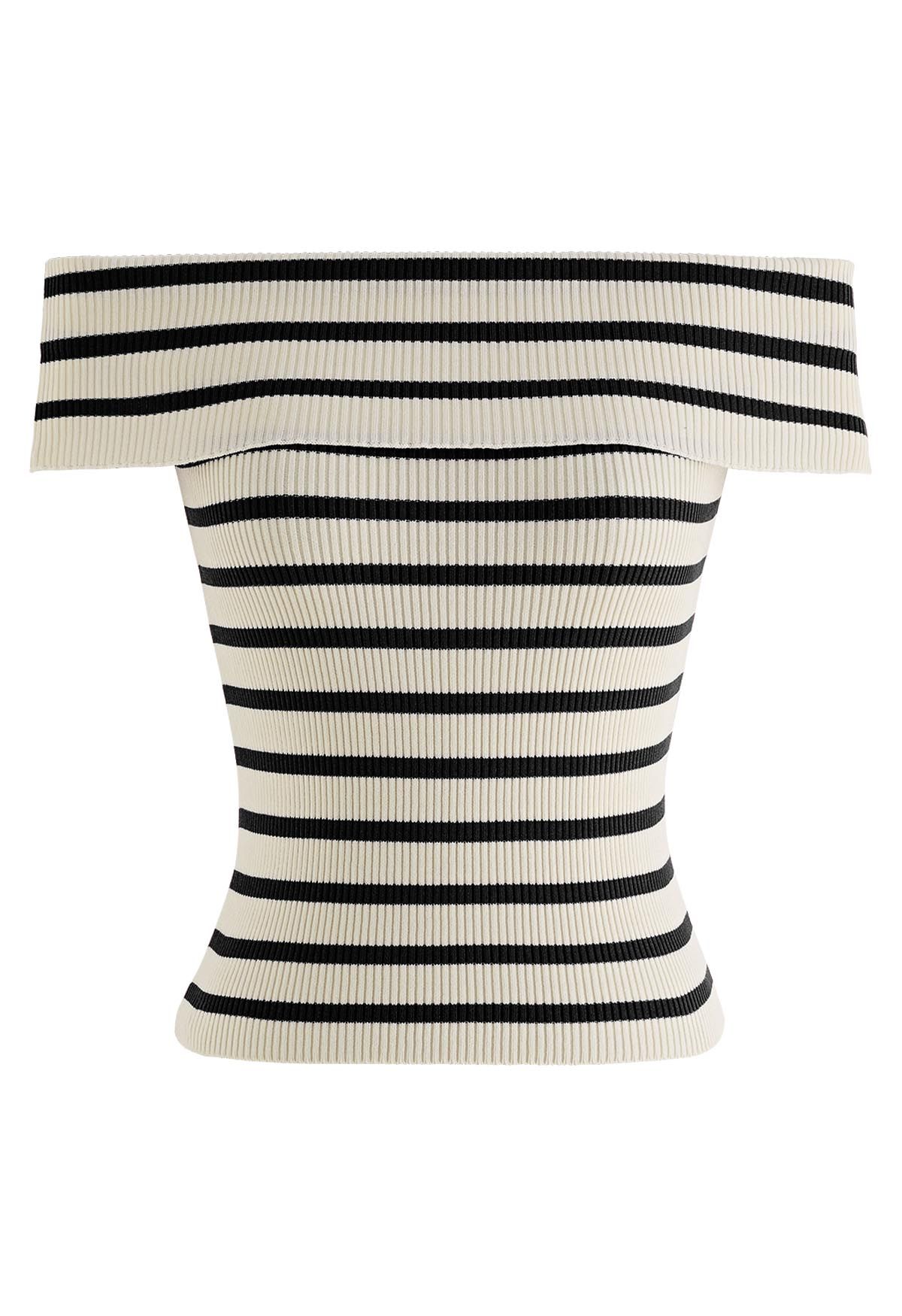 Folded Off-Shoulder Rib Knit Top in Black Stripe