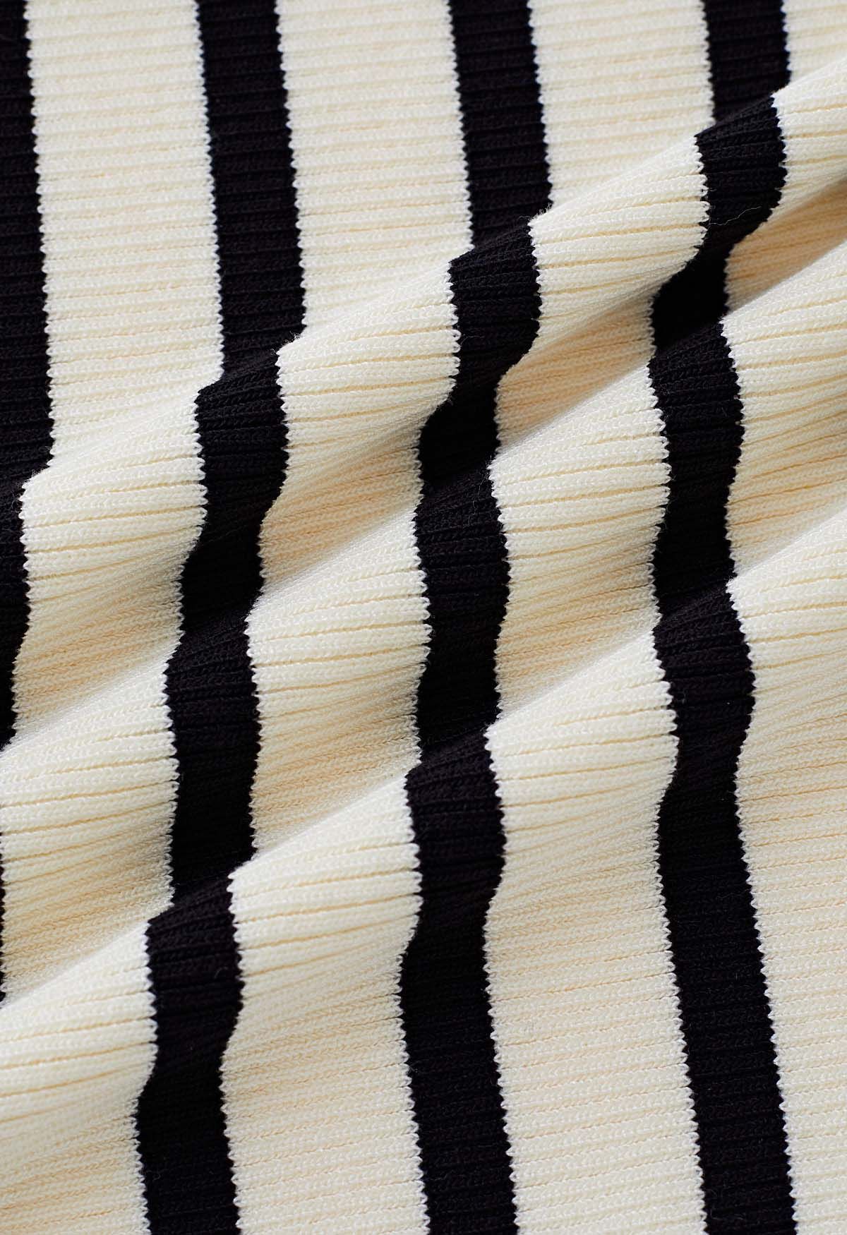 Folded Off-Shoulder Rib Knit Top in Black Stripe