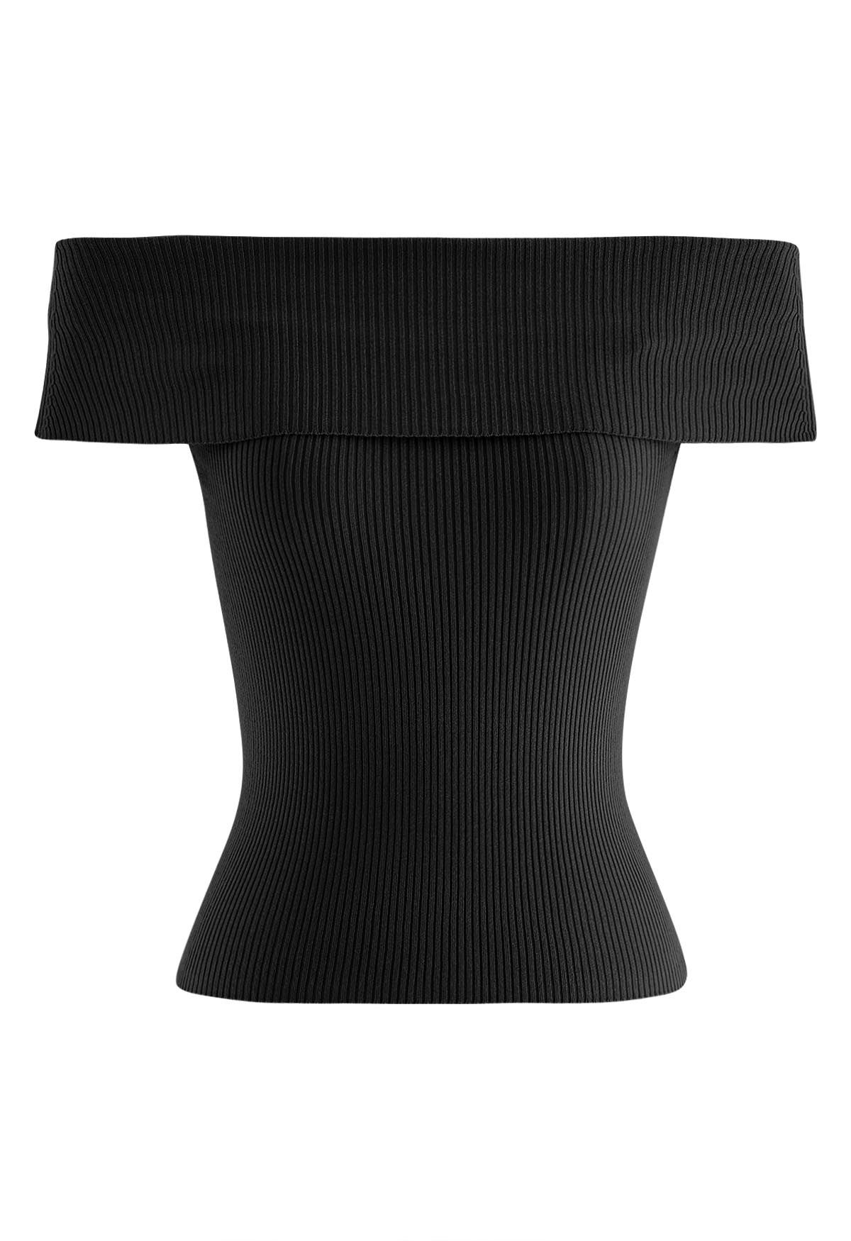 Folded Off-Shoulder Rib Knit Top in Black