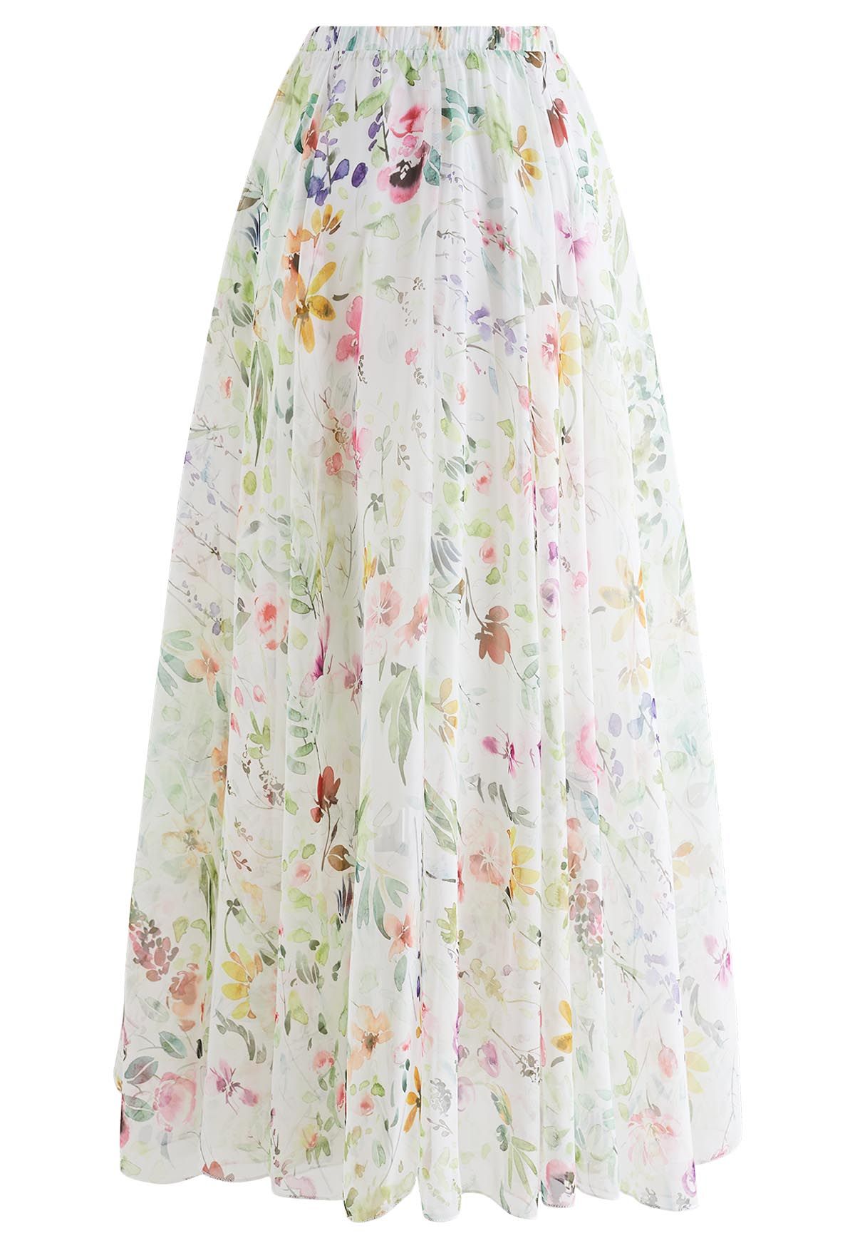 Watercolor Wild Flowers Printed Chiffon Maxi Skirt