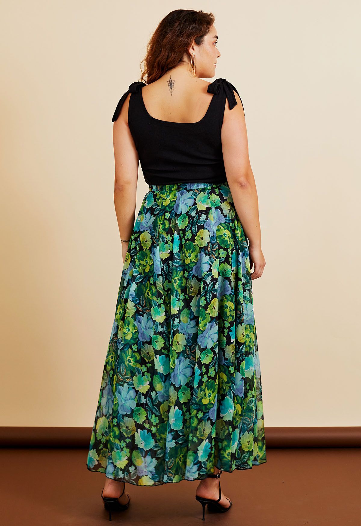 Vibrant Green Floral Chiffon Maxi Skirt