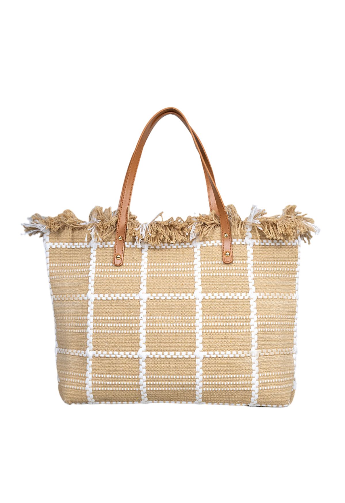 Tassel Trim Canvas Tote Bag in Grid