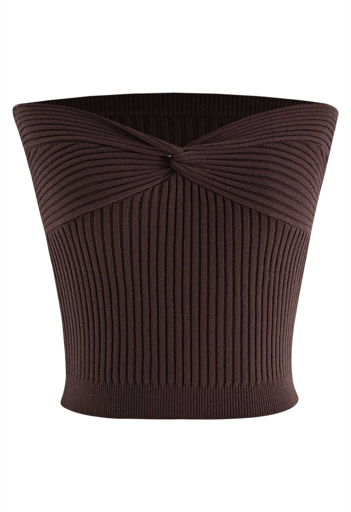 Twist Front Ribbed Knit Tube Crop Top in Brown