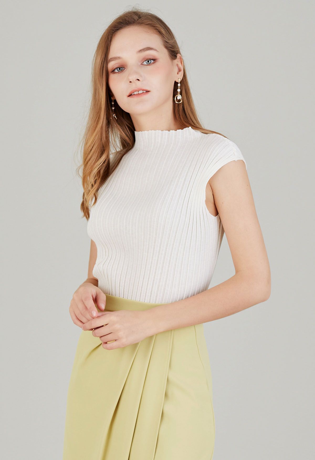 Mock Neck Sleeveless Rib Knit Top in Ivory