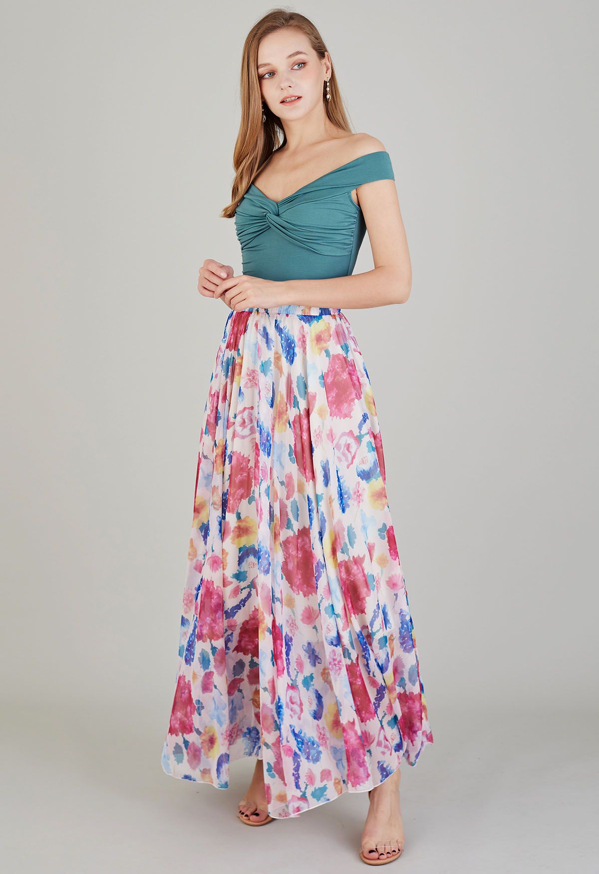 Colorful Blossom Printed Chiffon Maxi Skirt in Pink