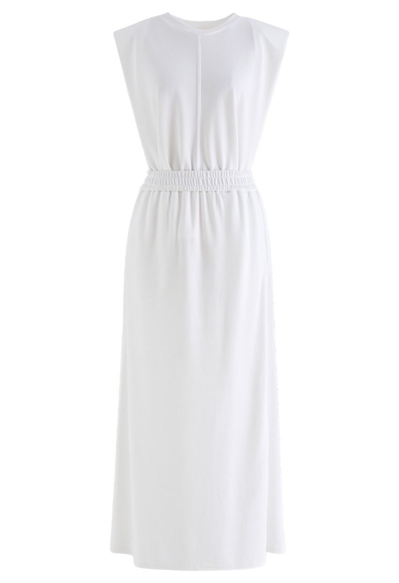 Effortless Pad Shoulder Sleeveless Top and Maxi Skirt Set in White