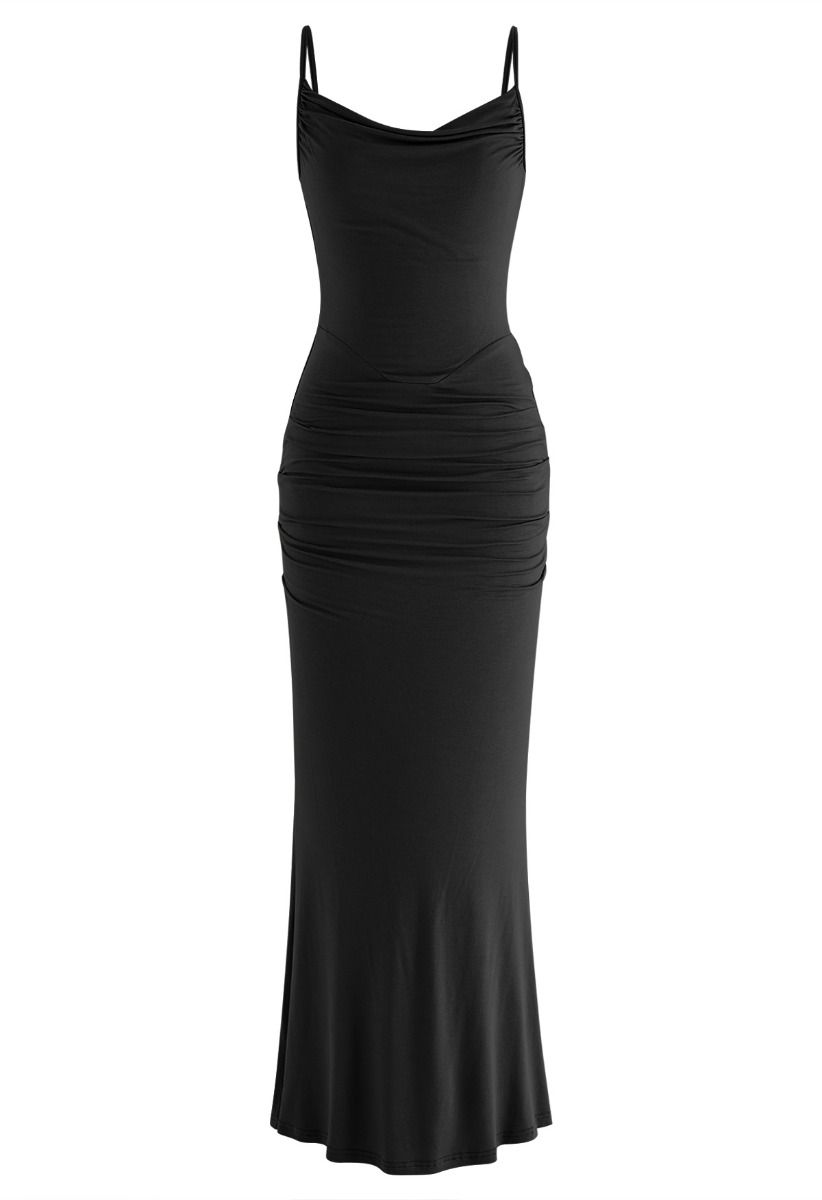 Side Ruched Bodycon Cami Maxi Dress in Black