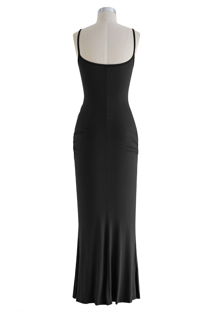 Side Ruched Bodycon Cami Maxi Dress in Black