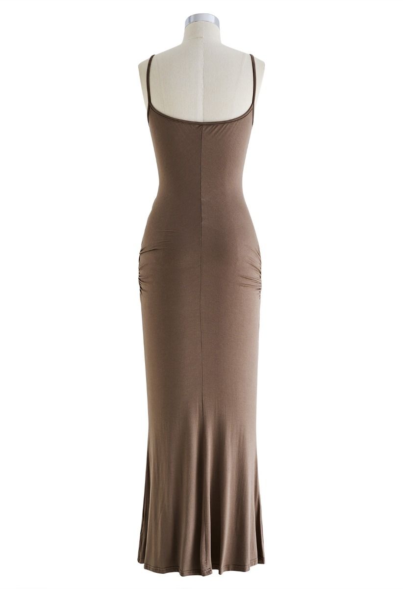 Side Ruched Bodycon Cami Maxi Dress in Brown